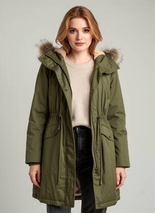 Parka finisaj interior cu căptușeală din polar cu glugă verde CREAM femeie