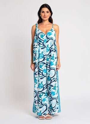 Salopetă-pantalon croială fluidă bretele subțiri albastru LARAETHNICS femeie