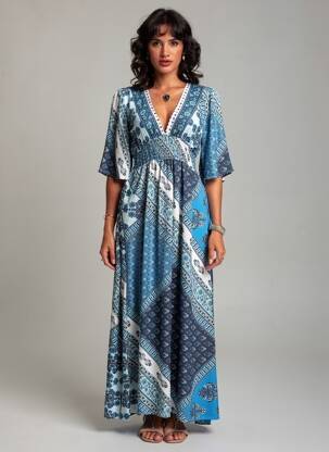Rochie lungă mâneci lungi mâneci lungi albastru LARAETHNICS femeie