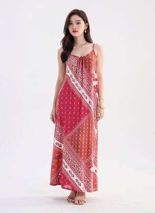 Rochie lungă imprimeu floral bretele subțiri roșu LARAETHNICS femeie