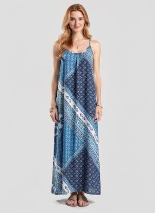 Rochie lungă imprimeu floral bretele subțiri albastru LARAETHNICS femeie