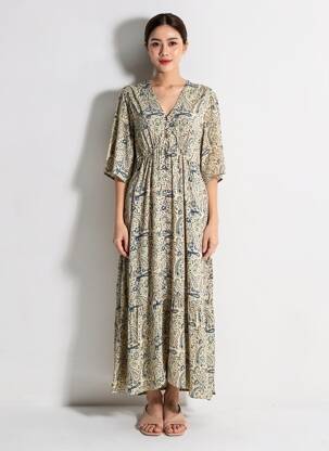 Rochie lungă mâneci lungi mâneci lungi bej MAISON HOTEL femeie