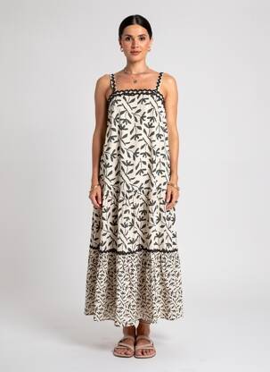 Rochie lungă imprimeu fantezie fără mâneci negru NEKANE femeie
