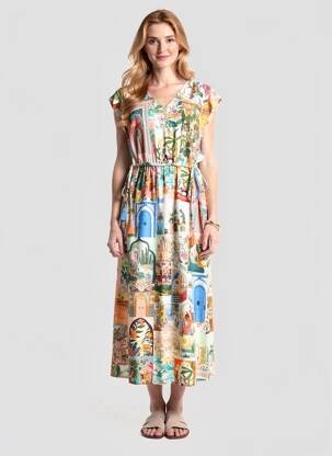 Rochie lungă imprimeu fantezie mâneci scurte bej GEISHA femeie