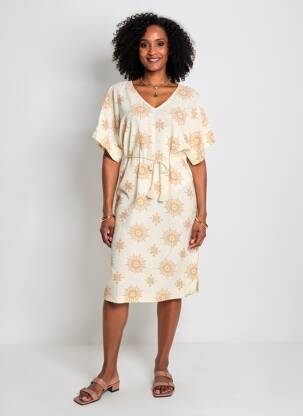 Rochie midi croială fluidă mâneci scurte bej SURKANA femeie
