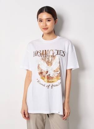 Tricou serigrafie flockată mâneci scurte alb PLEASE femeie