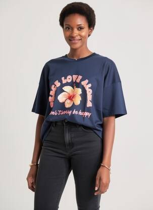 Tricou serigrafie flockată mâneci scurte albastru MARCELLO COLLECTION femeie