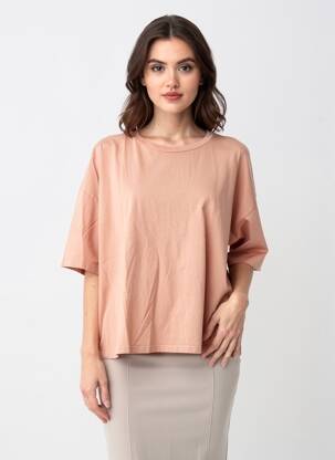 Tricou guler rotund mâneci scurte roz PLEASE femeie