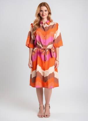Rochie midi croială fluidă mâneci scurte portocalie GEISHA femeie