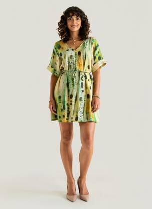 Rochie scurtă croială fluidă mâneci scurte verde SURKANA femeie
