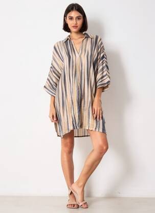 Rochie scurtă croială fluidă mâneci 3/4 maro PLEASE femeie