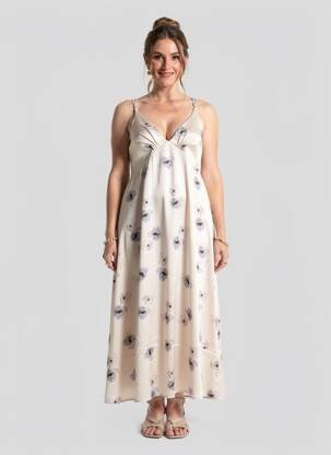 Rochie lungă imprimeu floral bretele subțiri alb NEKANE femeie
