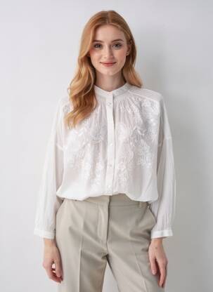 Bluză țesătură poplin mâneci lungi alb LARAETHNICS femeie