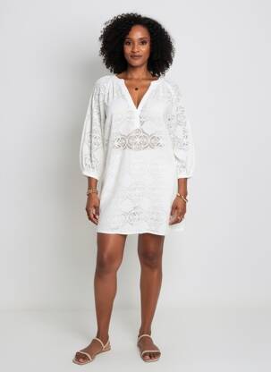 Rochie scurtă croială fluidă mâneci lungi alb LARAETHNICS femeie