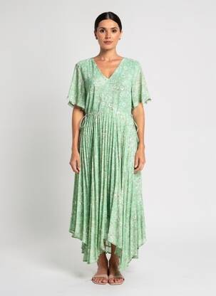 Rochie lungă imprimeu floral mâneci scurte verde CREAM femeie