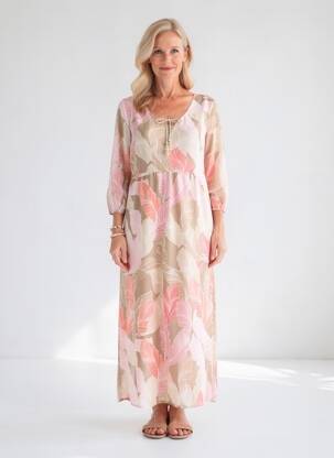 Rochie lungă imprimeu fantezie mâneci 3/4 roz BIANCA femeie