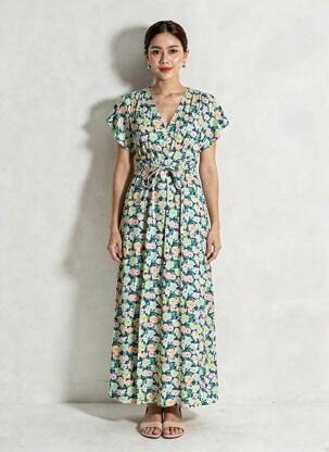 Rochie lungă mâneci scurte mâneci scurte albastru C'EST BEAU LA VIE femeie