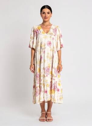 Rochie midi imprimeu floral mâneci scurte bej ZILCH femeie