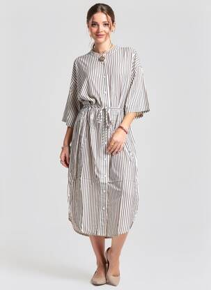 Rochie lungă croială cambrată mâneci 3/4 bej KAFFE femeie