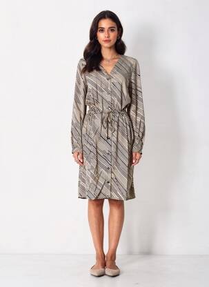 Rochie midi imprimeu fantezie mâneci lungi bej KAFFE femeie