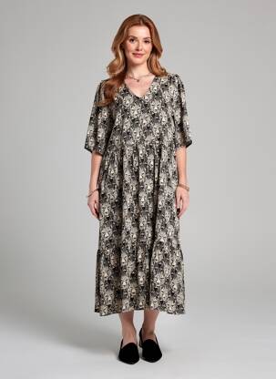 Rochie midi imprimeu fantezie mâneci scurte negru ZILCH femeie