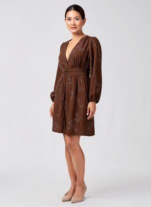 Rochie midi țesătură crep mâneci lungi maro MAELLE femeie