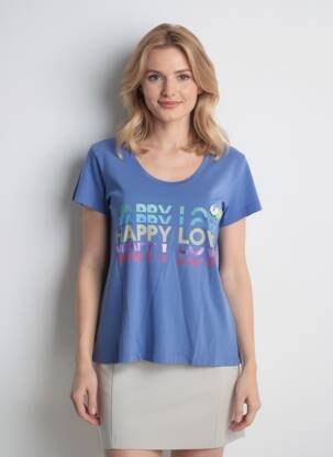 Tricou serigrafie flockată mâneci scurte albastru HAPPY femeie