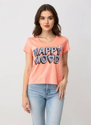 Tricou serigrafie flockată mâneci scurte portocalie HAPPY femeie