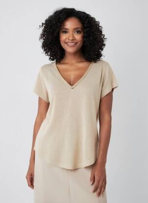 Tricou guler în v mâneci scurte bej MOLLY BRACKEN femeie