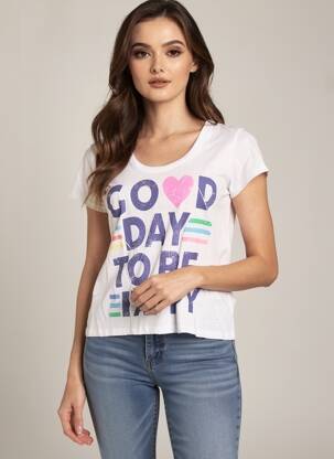 Tricou serigrafie flockată mâneci scurte alb HAPPY femeie