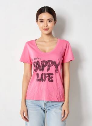 Tricou serigrafie flockată mâneci scurte roz HAPPY femeie