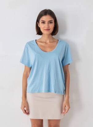 Tricou croială dreaptă mâneci scurte albastru HAPPY femeie