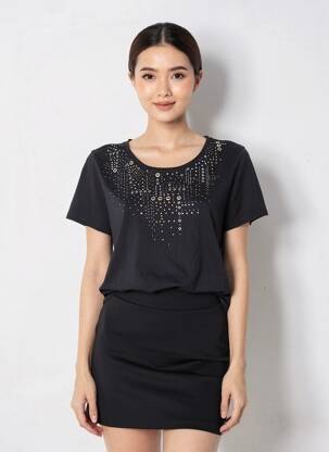 Tricou croială dreaptă mâneci scurte negru ABRIL femeie