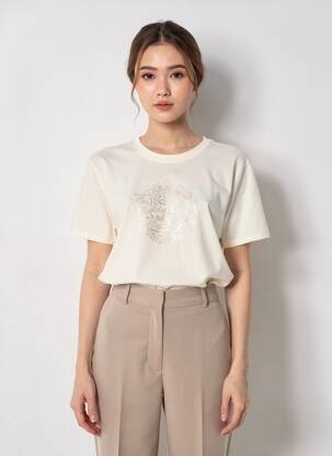 Tricou serigrafie flockată mâneci scurte bej TEDDY SMITH femeie