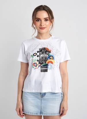 Tricou serigrafie flockată mâneci scurte alb CREAM femeie