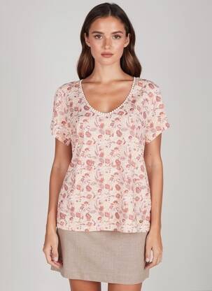 Tricou imprimeu fantezie mâneci scurte roz C'EST BEAU LA VIE femeie