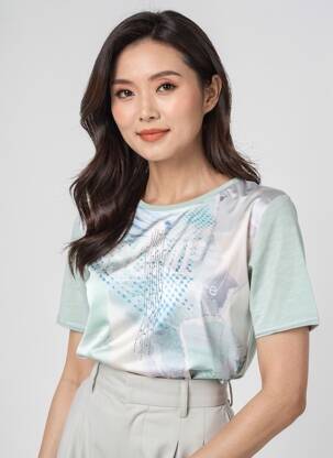 Tricou imprimeu fantezie mâneci scurte verde BARBARA LEBEK femeie