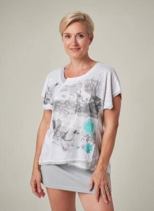 Tricou serigrafie cu strasuri mâneci scurte gri KALISSON femeie