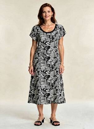 Rochie midi imprimeu fantezie mâneci scurte negru DEIDAD femeie