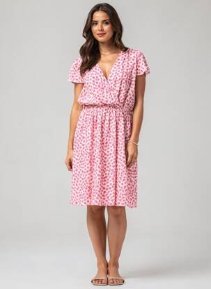 Rochie midi imprimeu floral mâneci scurte roz MAELLE femeie