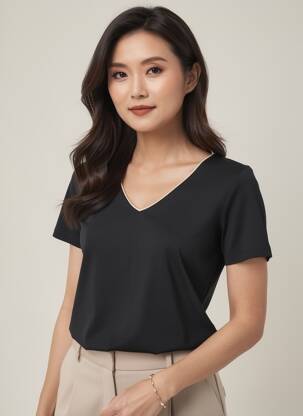 Tricou guler în v mâneci scurte negru JULIE GUERLANDE femeie