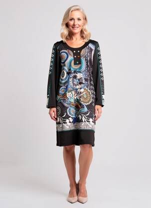 Rochie midi imprimeu fantezie mâneci lungi negru GUY DUBOUIS femeie