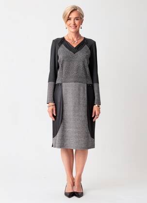 Rochie midi imprimeu fantezie mâneci lungi gri GUY DUBOUIS femeie