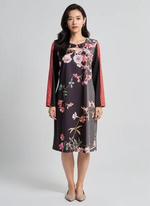 Rochie midi imprimeu floral mâneci lungi negru FRANCE RIVOIRE femeie