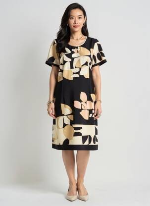 Rochie midi imprimeu fantezie mâneci scurte negru FRANCE RIVOIRE femeie