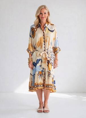 Rochie midi croială fluidă mâneci 3/4 bej LESLIE femeie