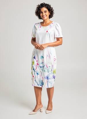 Rochie midi imprimeu floral mâneci scurte alb DOLCEZZA femeie