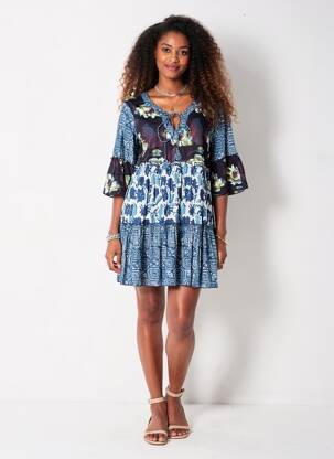 Rochie scurtă imprimeu floral mâneci 3/4 albastru DRESS ADDICT femeie