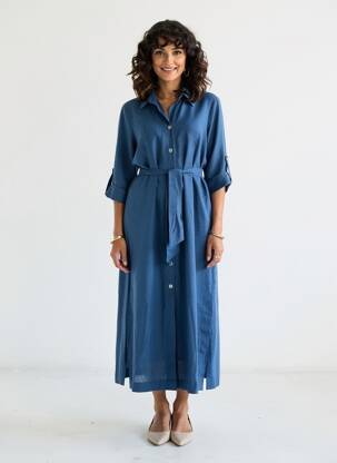 Rochie lungă țesătură crep mâneci 3/4 albastru ELEONORA AMADEI femeie