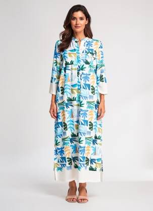 Rochie lungă imprimeu fantezie mâneci 3/4 albastru FUEGO WOMAN femeie